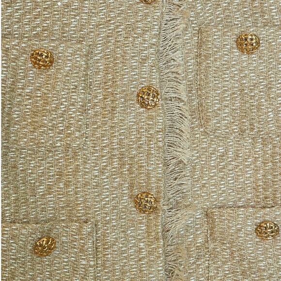 Tan & Gold Cropped Preppy Tweed Blazer Jacket with Gold Buttons - Picture 4 of 7